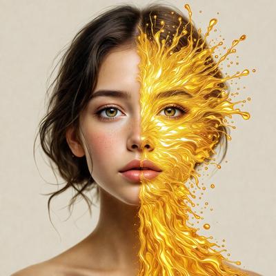 The primary subject of the image is a woman with a unique and artistic appearance. She has a split face, with one half of her face painted yellow and the other half painted red. The setting is a white background, which provides a clean and minimalist backdrop for the woman's striking visual style. The image is a digital art piece, showcasing the creativity and skill of the artist. The dominant colors in the image are yellow and red, which evoke a sense of energy and vibrancy. Overall,